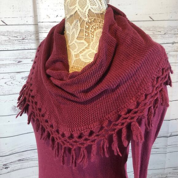 Anthropologie Angel of the north tassel Cowl neck sweater burgundy size small - Picture 5 of 11